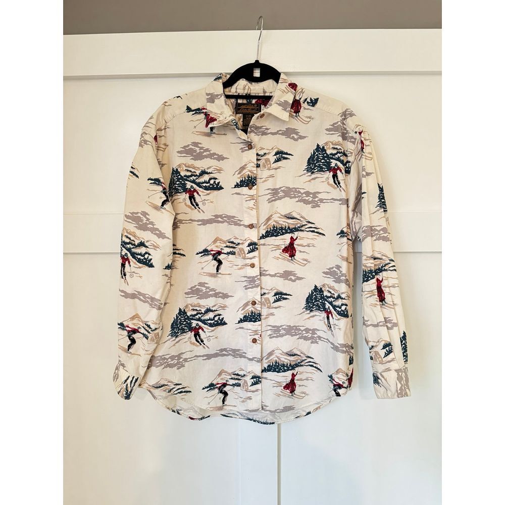Eddie Bauer‎ Shirt Mens M Skier Mountain All Over Print Corduroy Vintage 90/80s